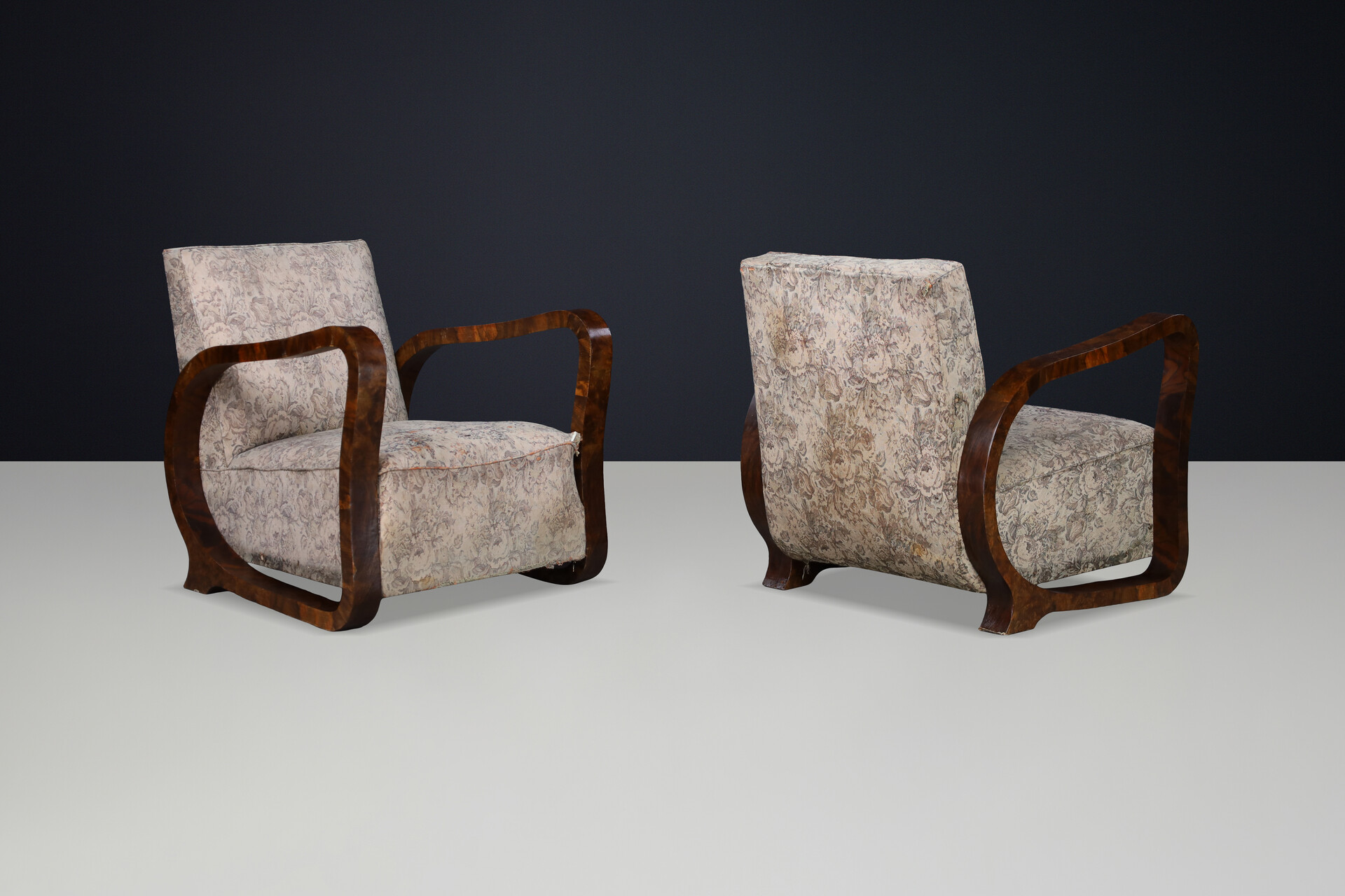 Sculptural Pair of Italian Art Deco Burl Wood Club Armchairs, 1920s–1930s Early-20th century