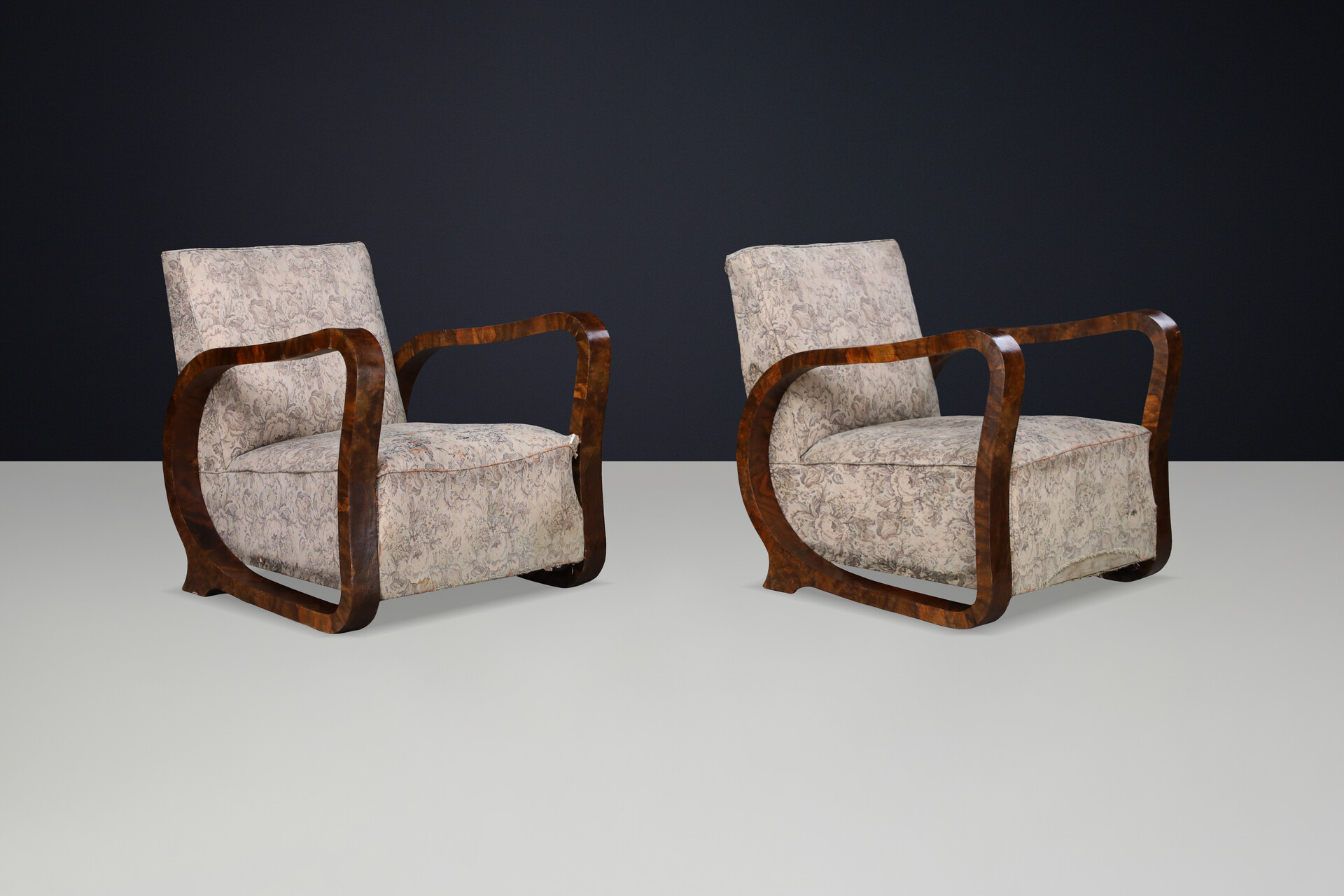 Sculptural Pair of Italian Art Deco Burl Wood Club Armchairs, 1920s–1930s Early-20th century