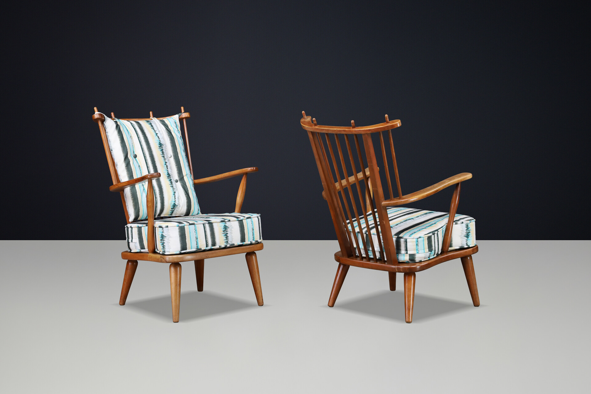 Sculptural Swedish Beech Armchairs with Slatted Backs, 1950s Mid-20th century