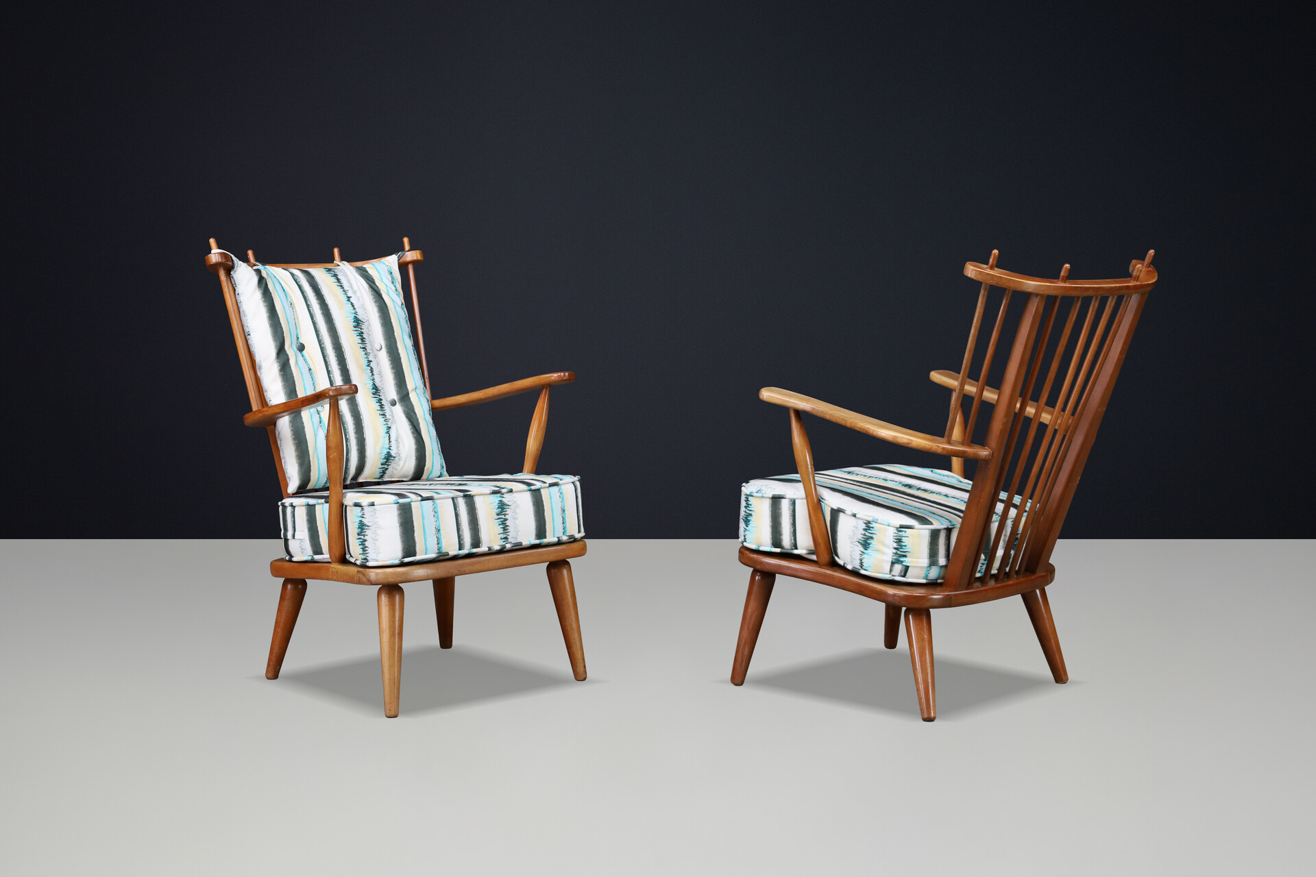Sculptural Swedish Beech Armchairs with Slatted Backs, 1950s Mid-20th century