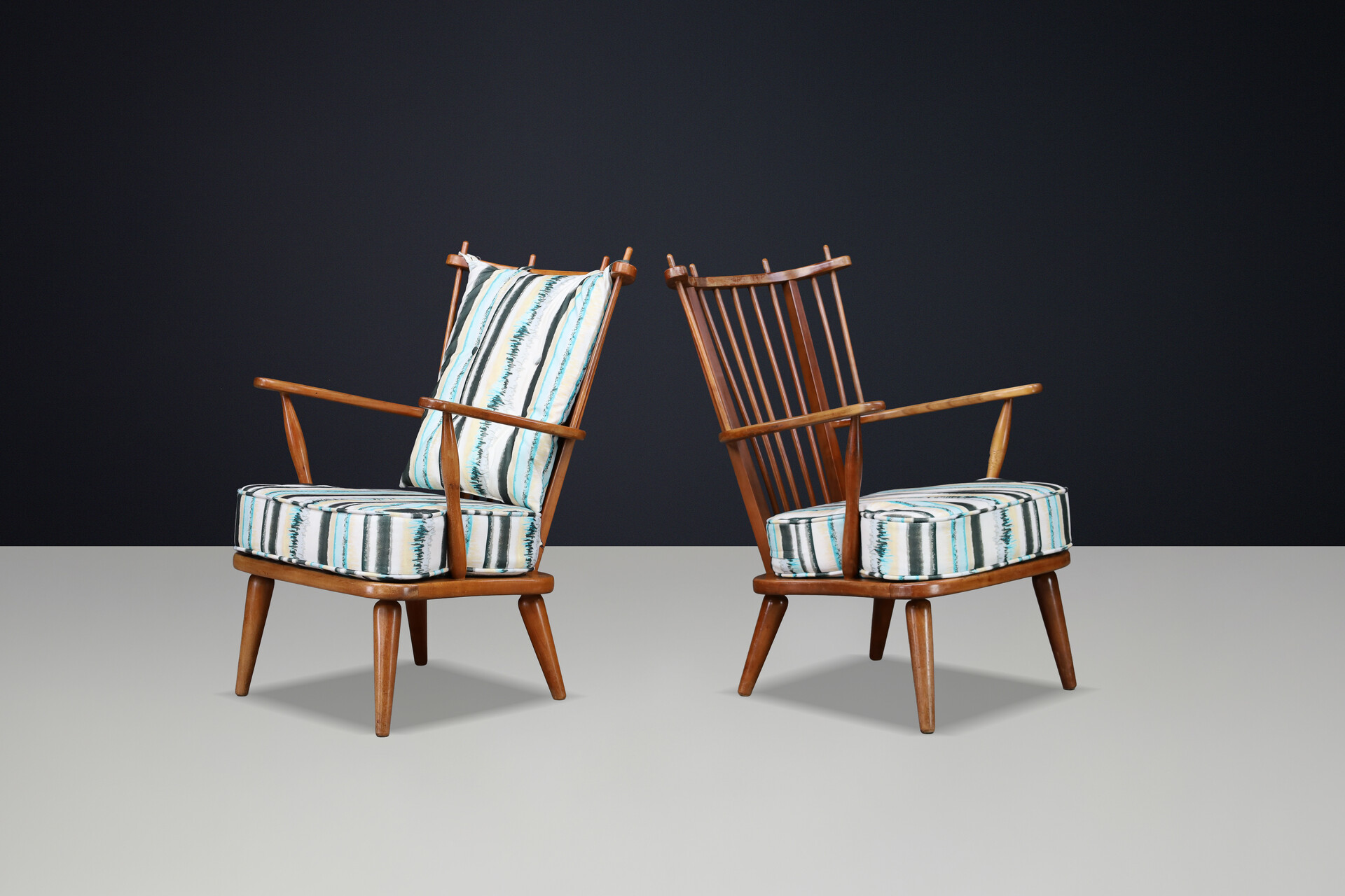 Sculptural Swedish Beech Armchairs with Slatted Backs, 1950s Mid-20th century