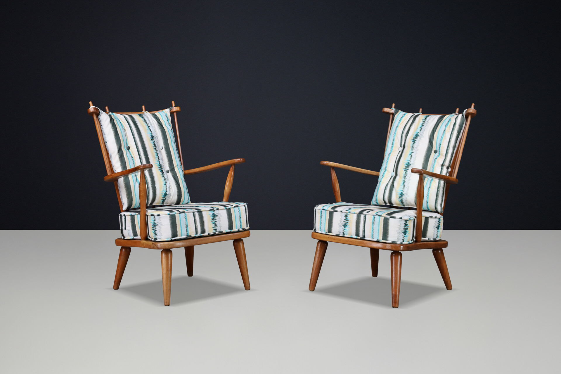 Sculptural Swedish Beech Armchairs with Slatted Backs, 1950s Mid-20th century