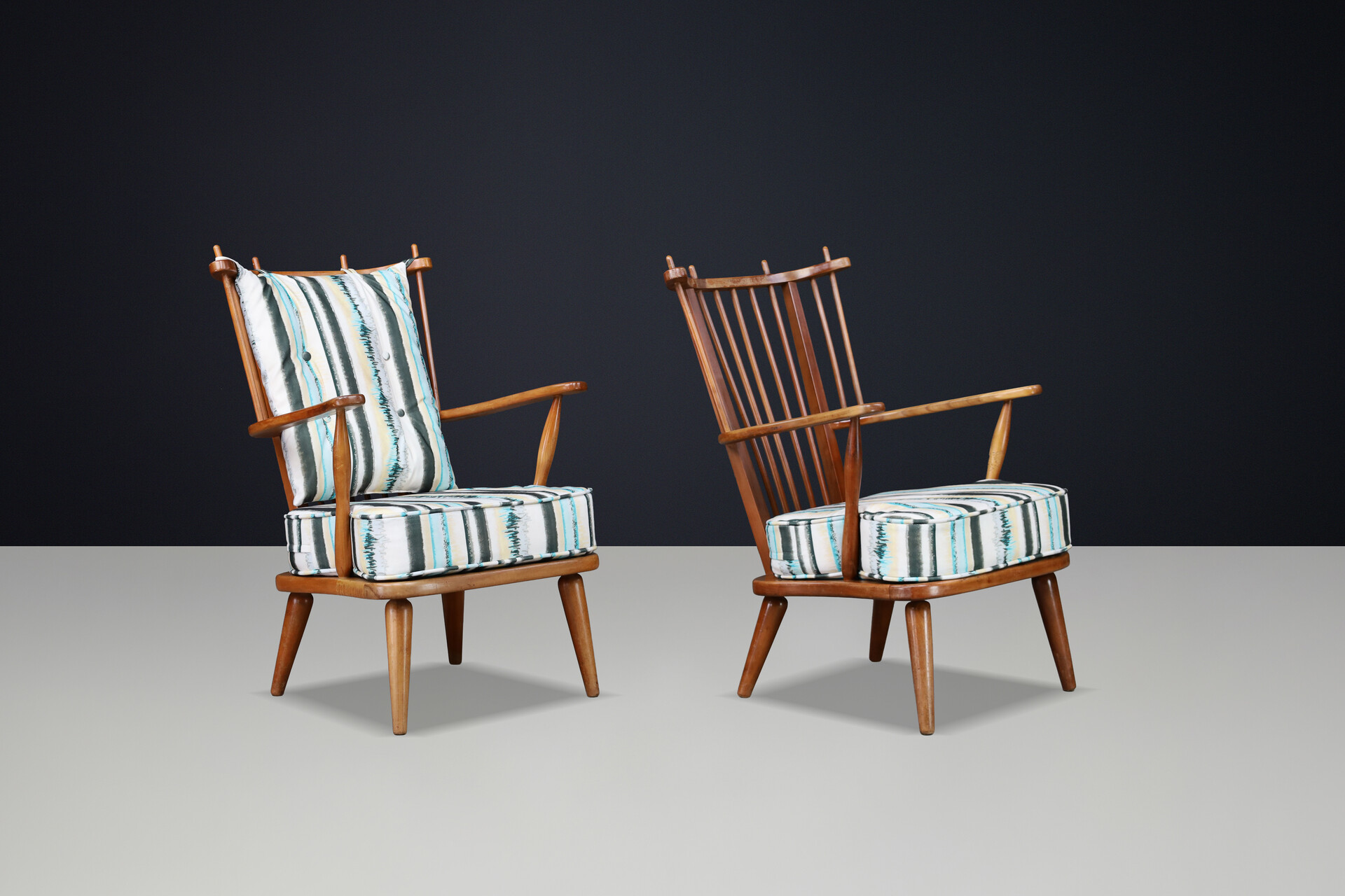 Sculptural Swedish Beech Armchairs with Slatted Backs, 1950s Mid-20th century