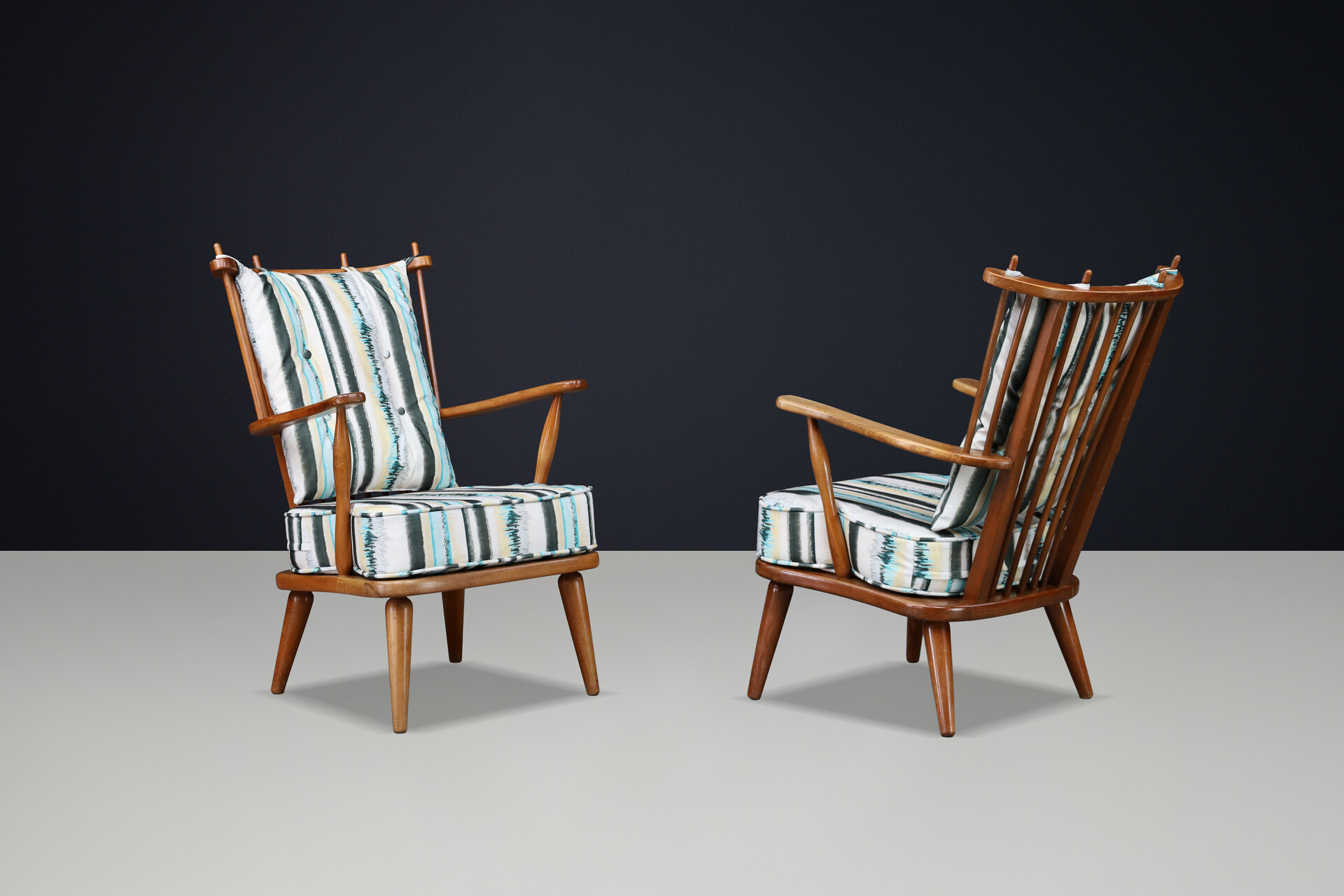 Sculptural Swedish Beech Armchairs with Slatted Backs, 1950s Mid-20th century