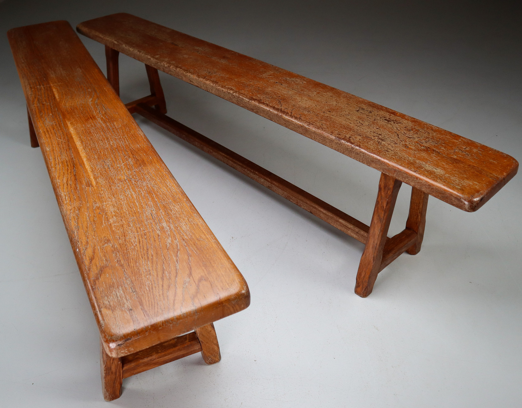 Set of 2 large Midcentury Primitive Oak benches France 1960s Mid-20th century