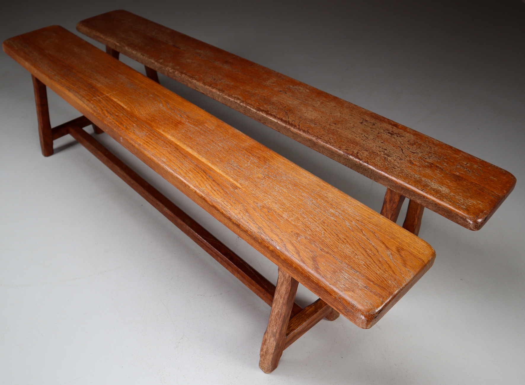 Set of 2 large Midcentury Primitive Oak benches France 1960s Mid-20th century