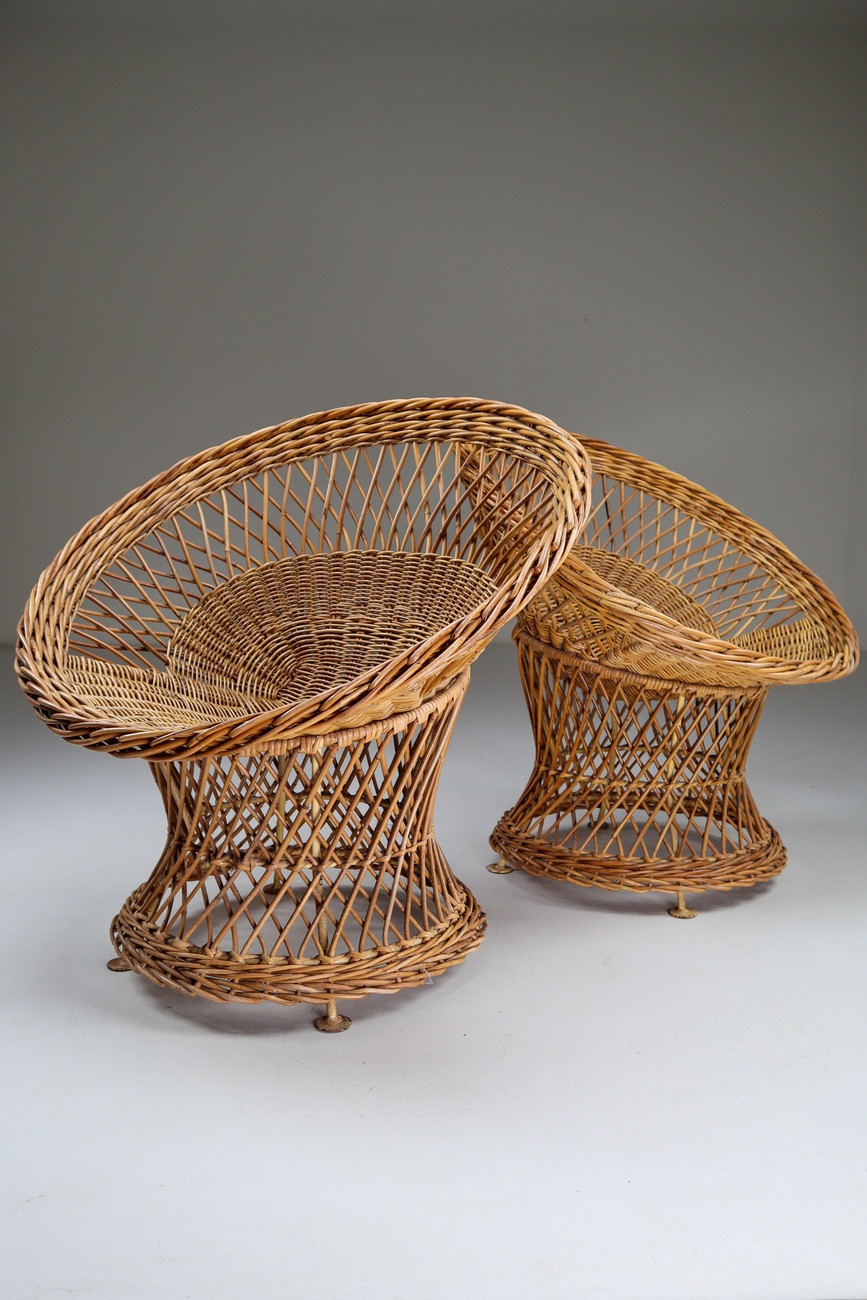 Set of 2 Swivel chairs Midcentury Wicker Easy-Lounge-Patio Chairs Designed In France 1960s Mid-20th century