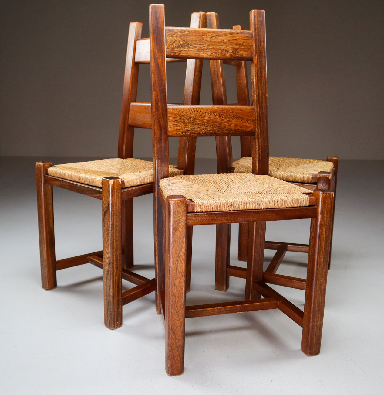Set of 3 solid elmwood and straw chairs by Olavi Hanninen Finland 1950s Mid-20th century