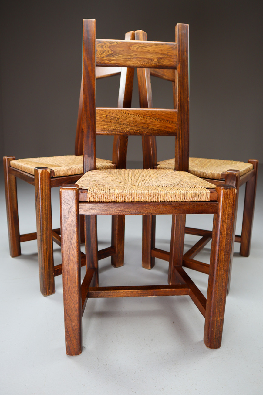 Set of 3 solid elmwood and straw chairs by Olavi Hanninen Finland 1950s Mid-20th century