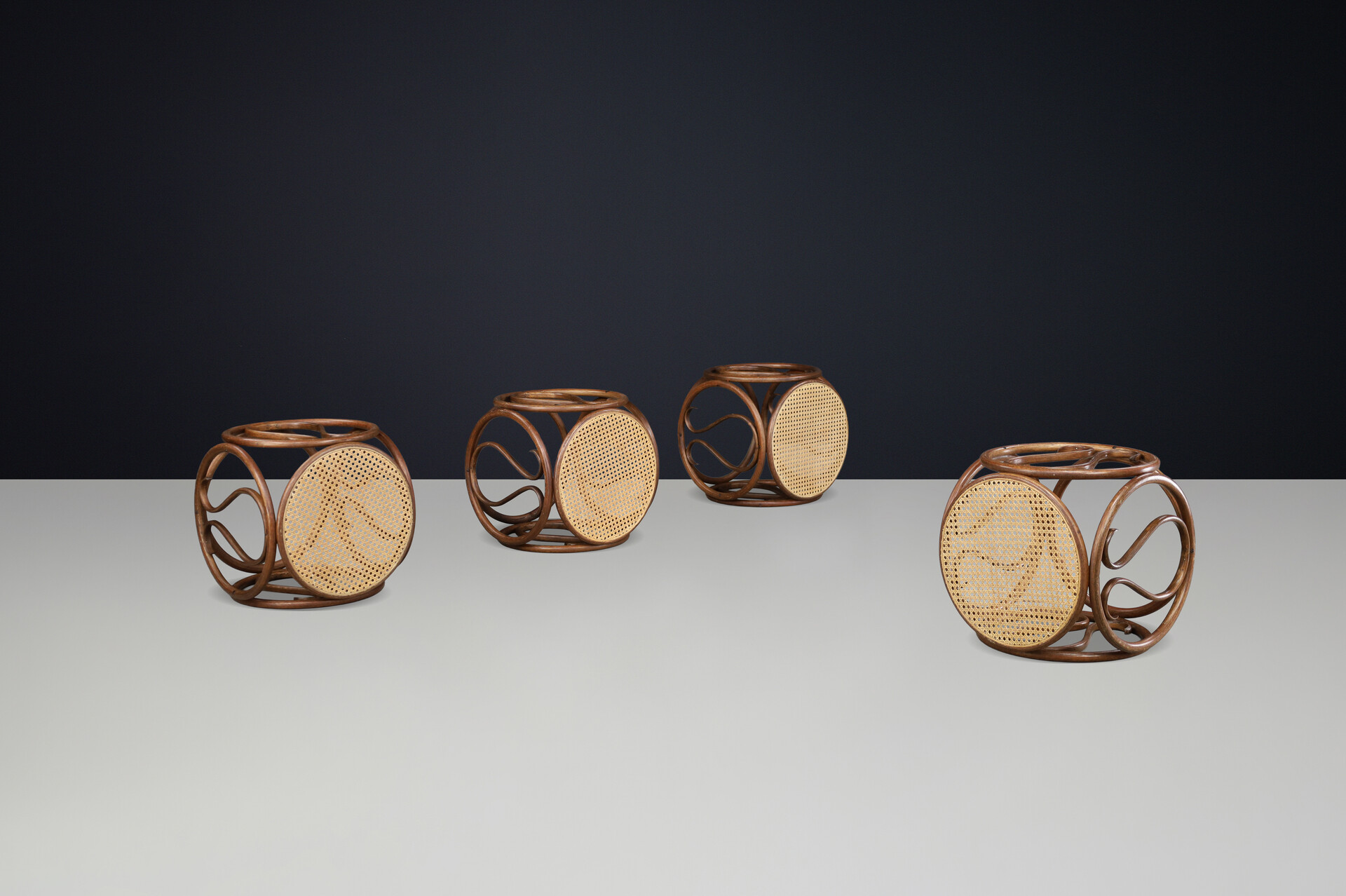 Set of Four 1960s Austrian Bentwood and Cane Stools / Side Tables Attr. Thonet Mid-20th century