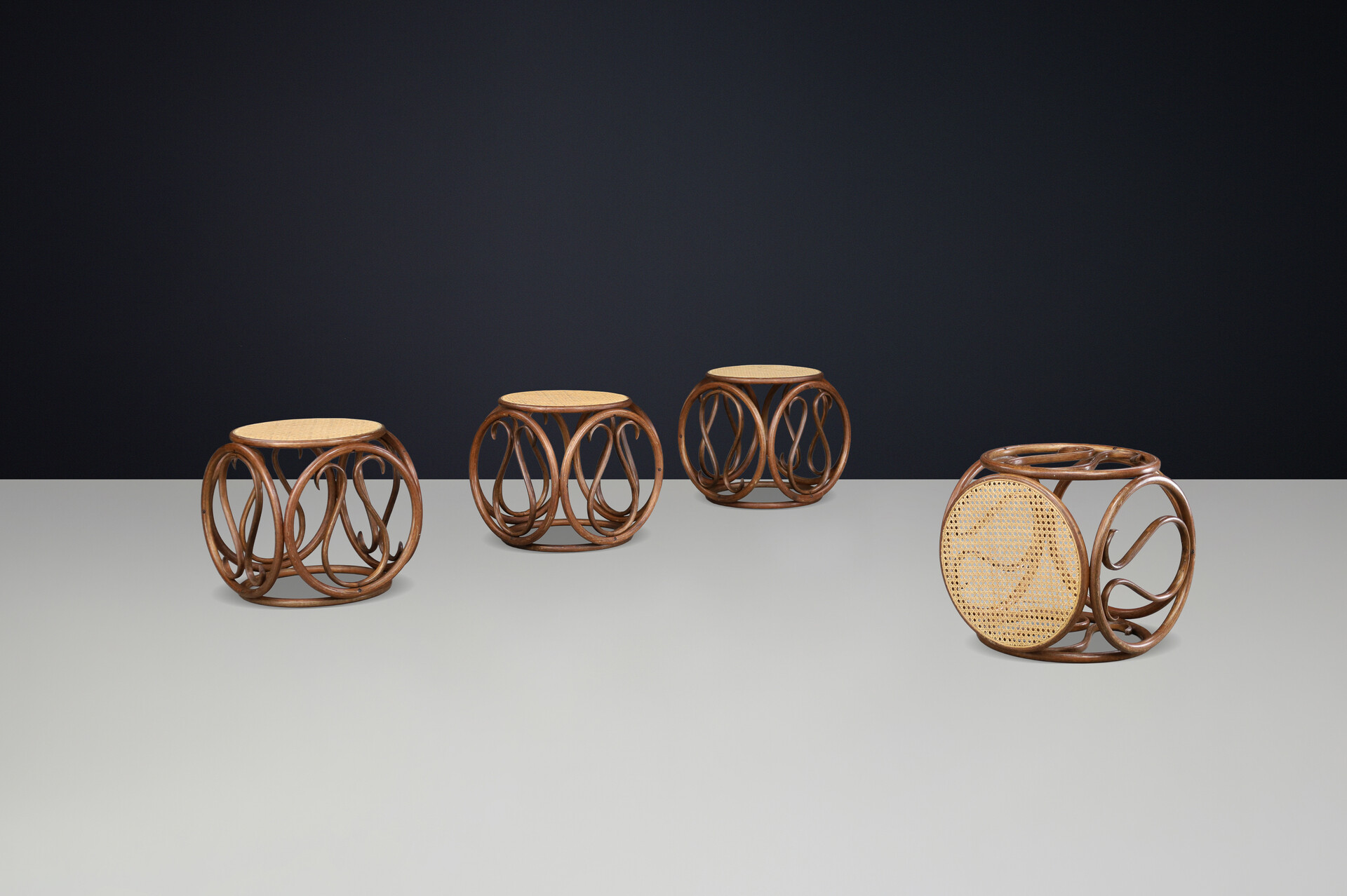 Set of Four 1960s Austrian Bentwood and Cane Stools / Side Tables Attr. Thonet Mid-20th century