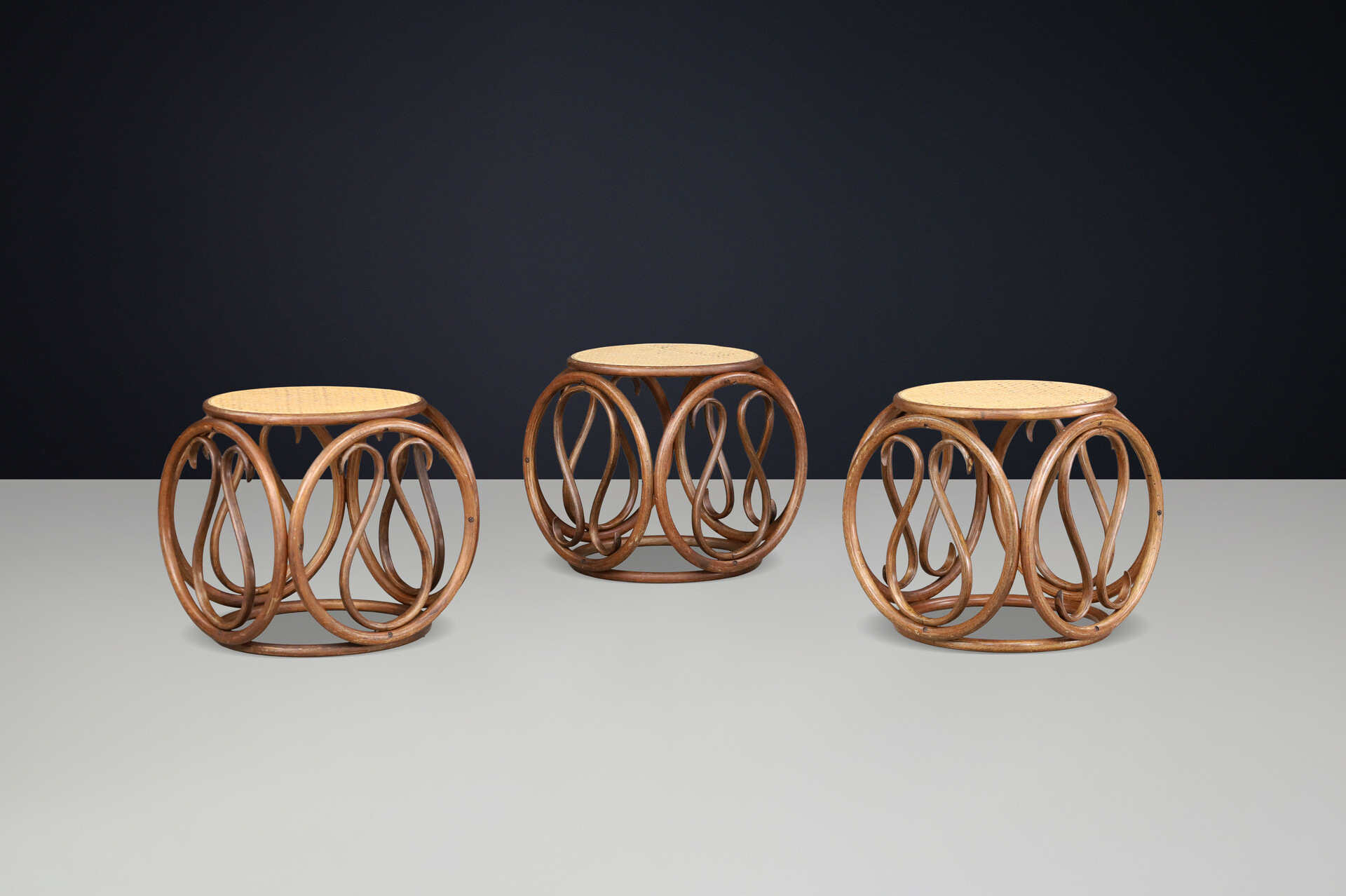 Set of Four 1960s Austrian Bentwood and Cane Stools / Side Tables Attr. Thonet Mid-20th century