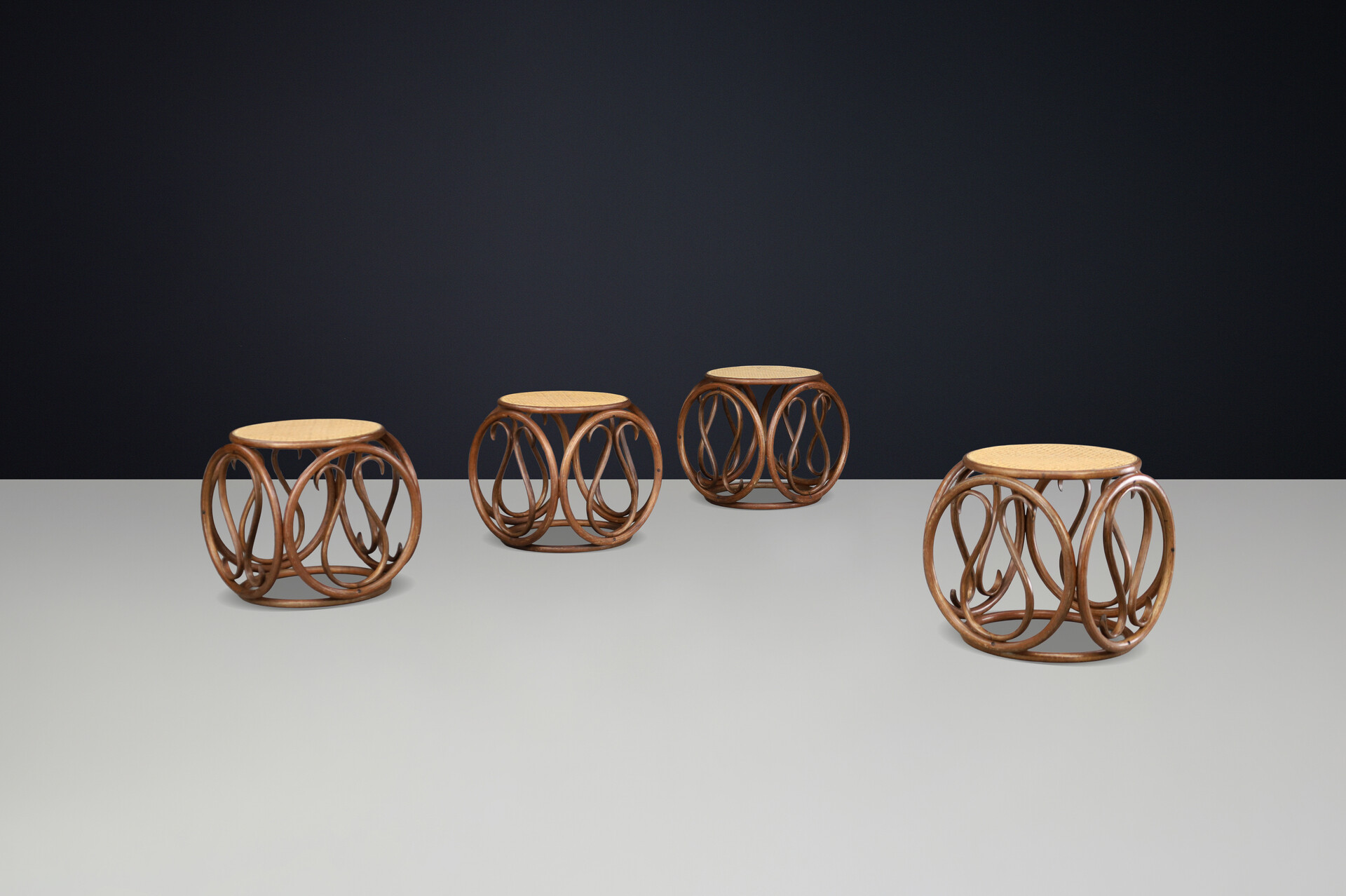 Set of Four 1960s Austrian Bentwood and Cane Stools / Side Tables Attr. Thonet Mid-20th century