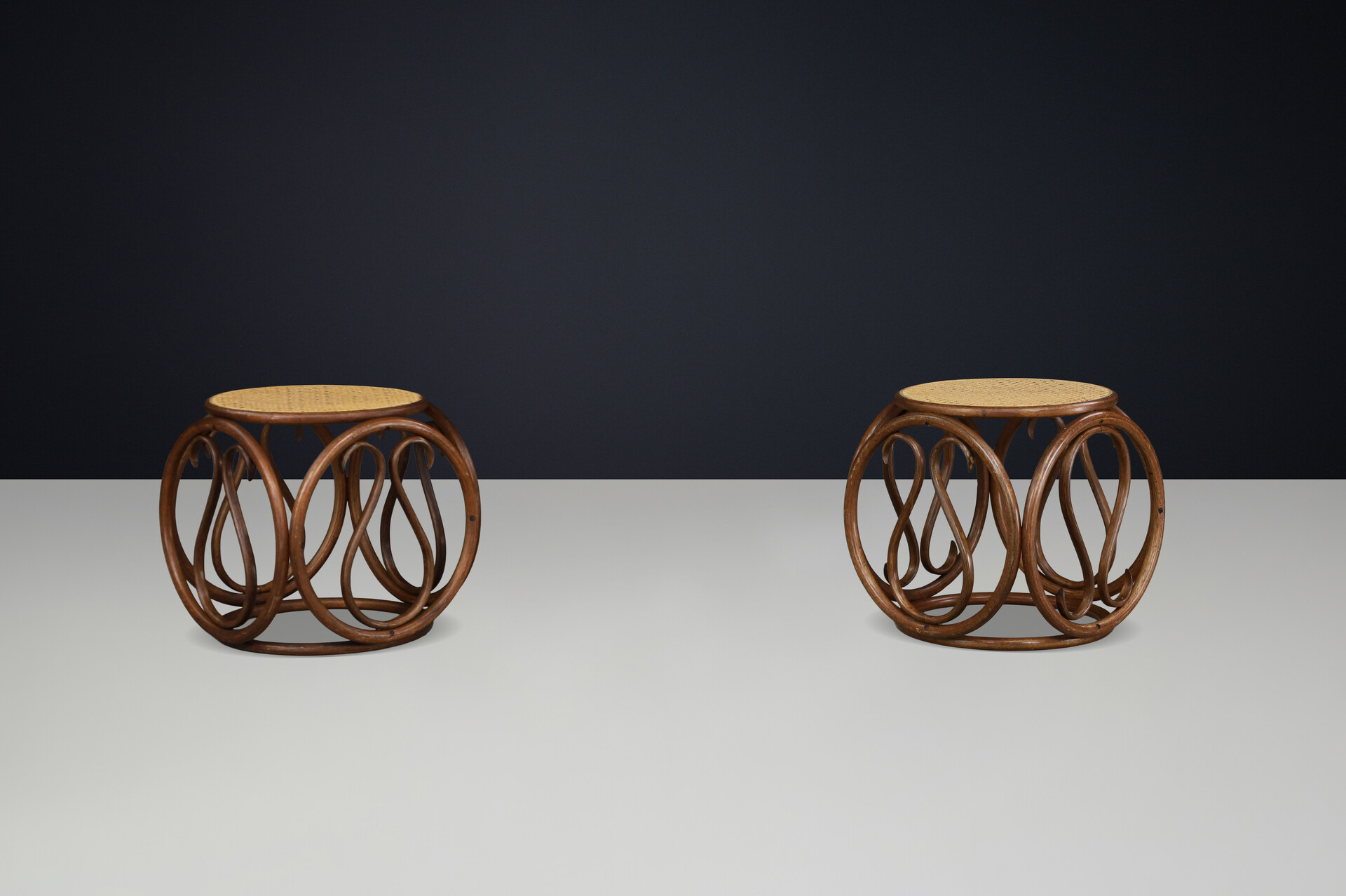 Set of Four 1960s Austrian Bentwood and Cane Stools / Side Tables Attr. Thonet Mid-20th century
