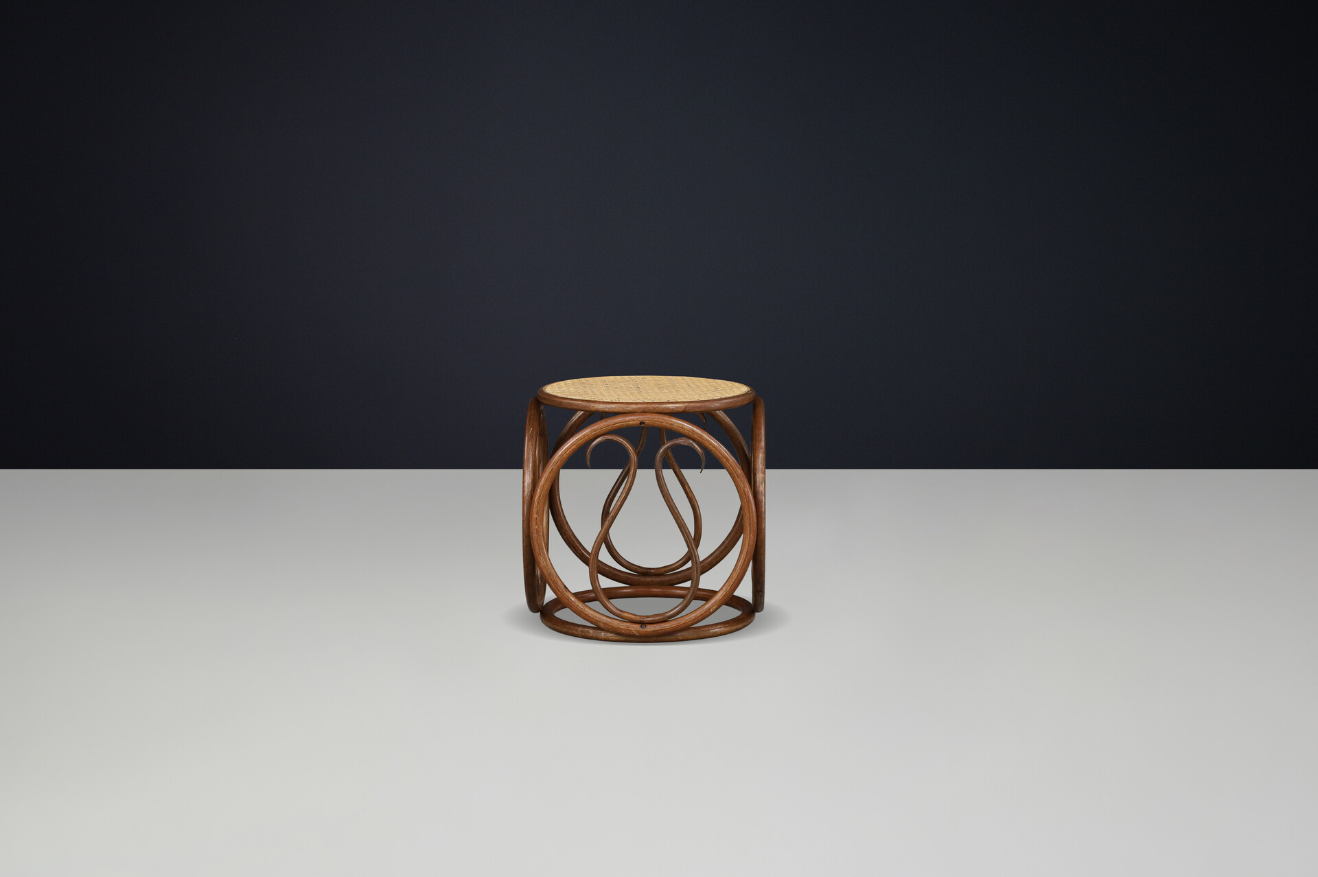 Set of Four 1960s Austrian Bentwood and Cane Stools / Side Tables Attr. Thonet Mid-20th century