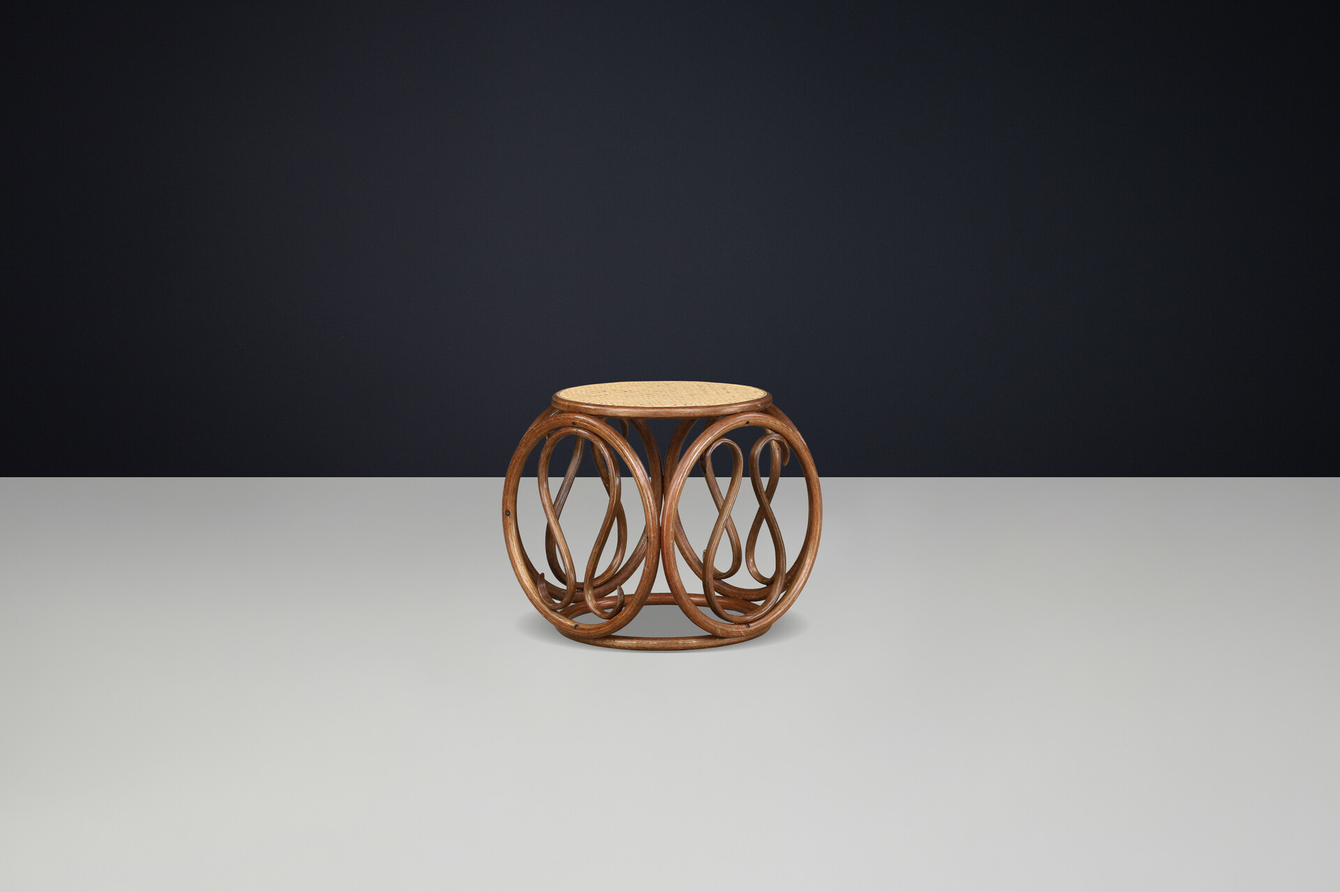 Set of Four 1960s Austrian Bentwood and Cane Stools / Side Tables Attr. Thonet Mid-20th century