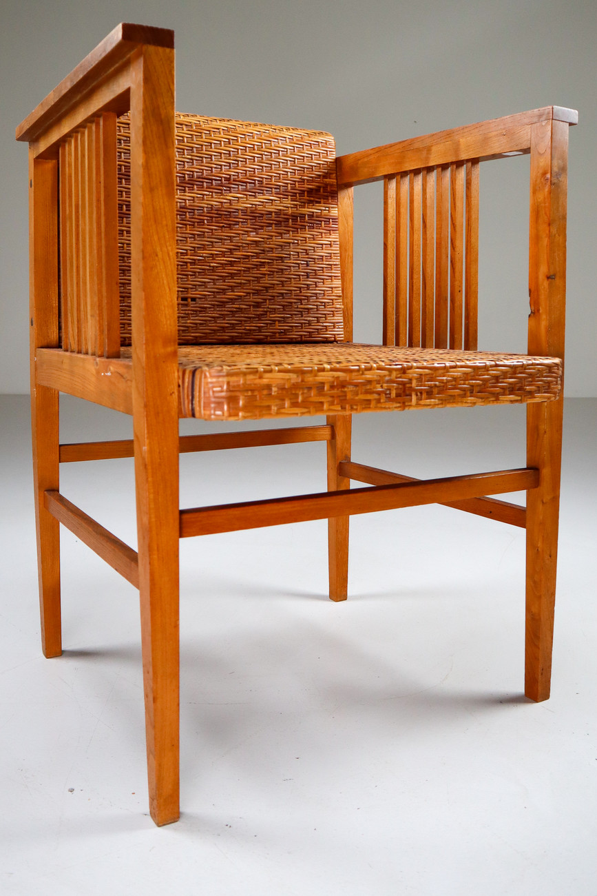 Set of Four Elm and Cane Armchairs by Hans Vollmer for Prag-Rudniker Vienna Early-20th century