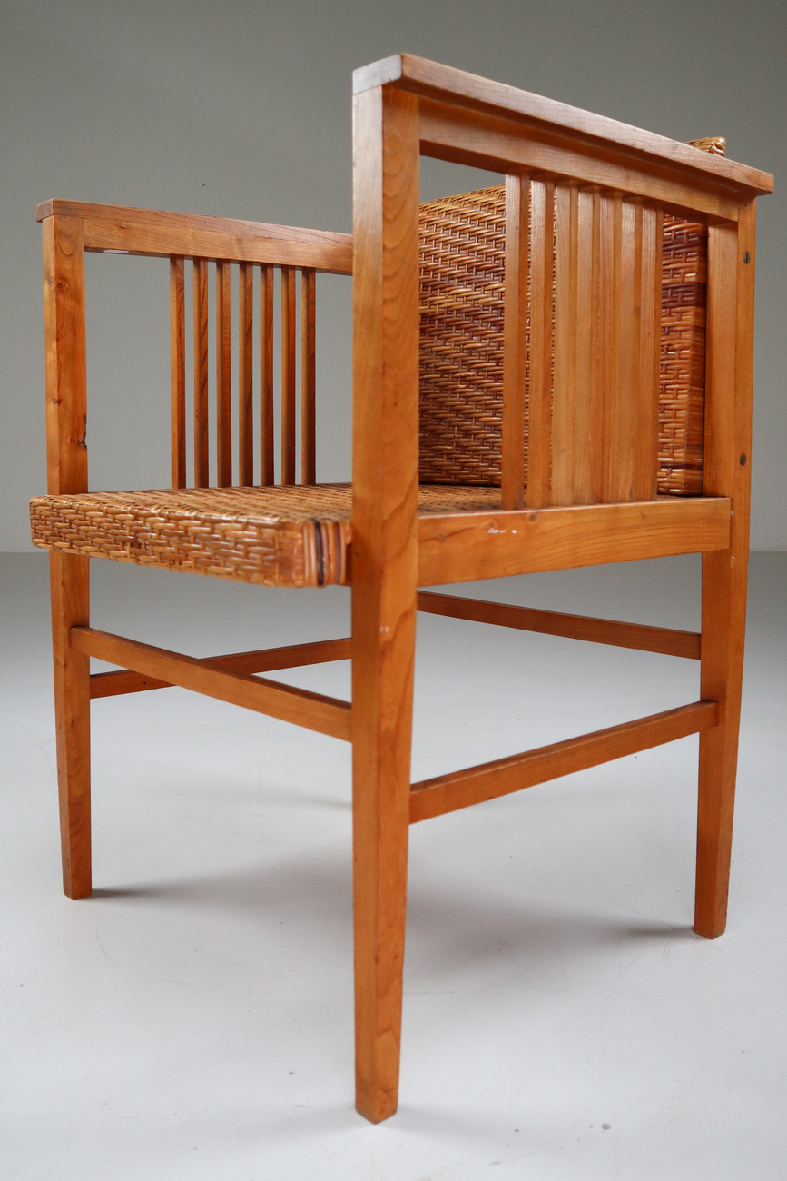 Set of Four Elm and Cane Armchairs by Hans Vollmer for Prag-Rudniker Vienna Early-20th century