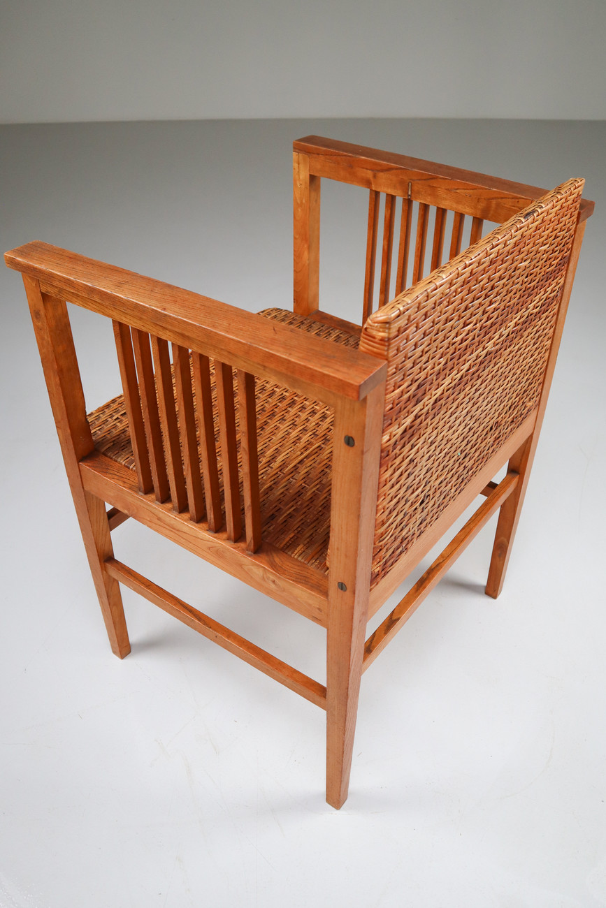 Set of Four Elm and Cane Armchairs by Hans Vollmer for Prag-Rudniker Vienna Early-20th century