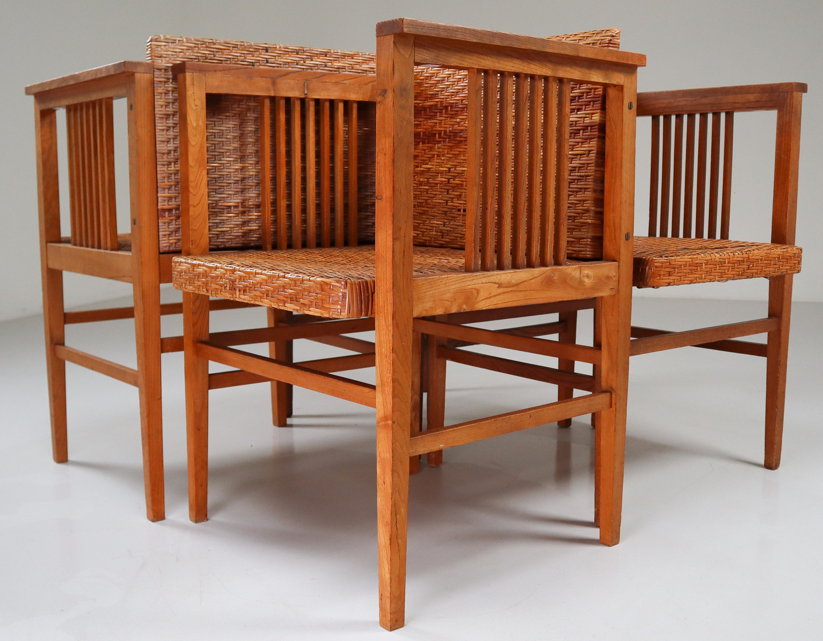 Set of Four Elm and Cane Armchairs by Hans Vollmer for Prag-Rudniker Vienna Early-20th century