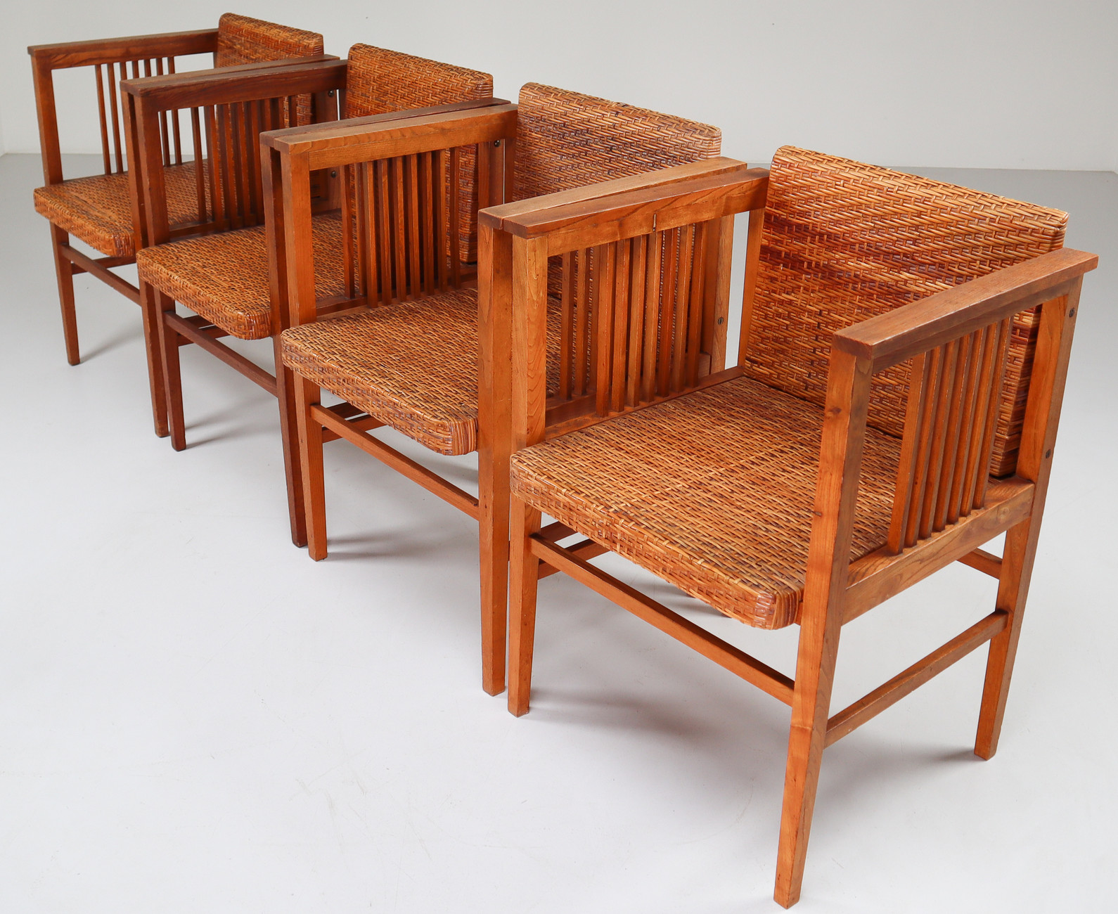 Set of Four Elm and Cane Armchairs by Hans Vollmer for Prag-Rudniker Vienna Early-20th century