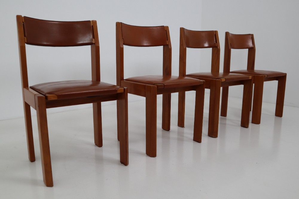 Set of Four Elm Wood and Leather Dining Chairs in the Style of Pierre Chapo