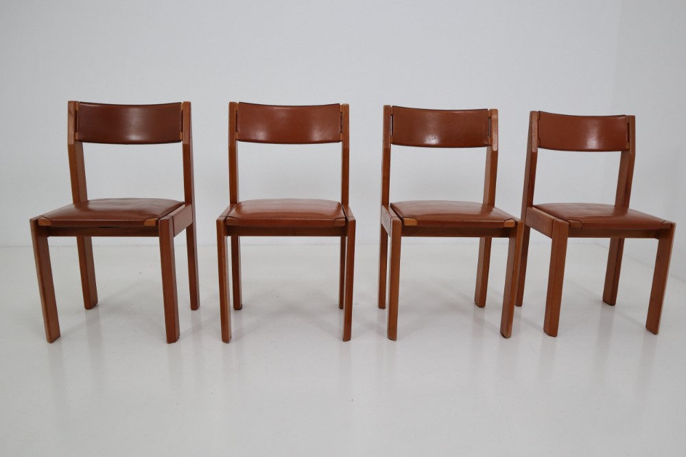 Set of Four Elm Wood and Leather Dining Chairs in the Style of Pierre Chapo