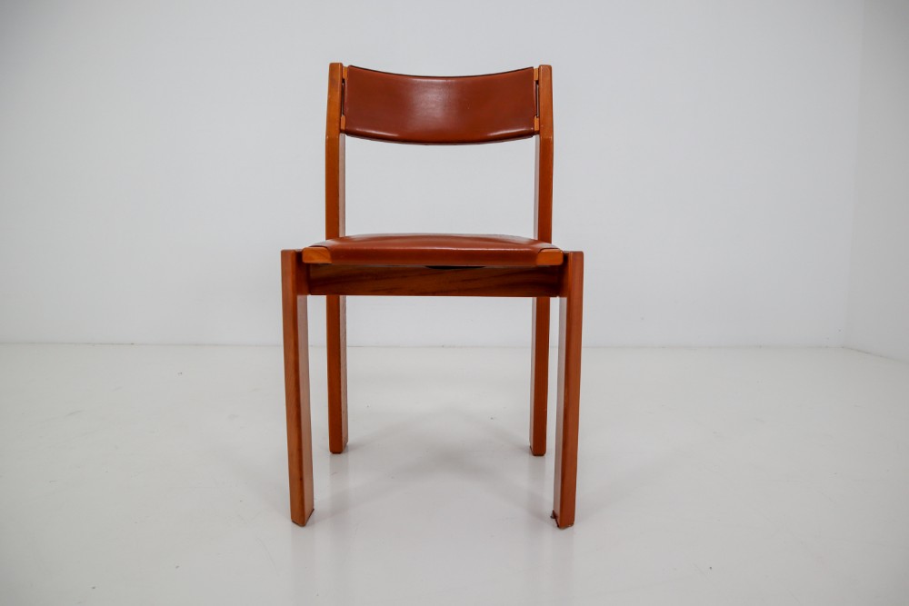 Set of Four Elm Wood and Leather Dining Chairs in the Style of Pierre Chapo