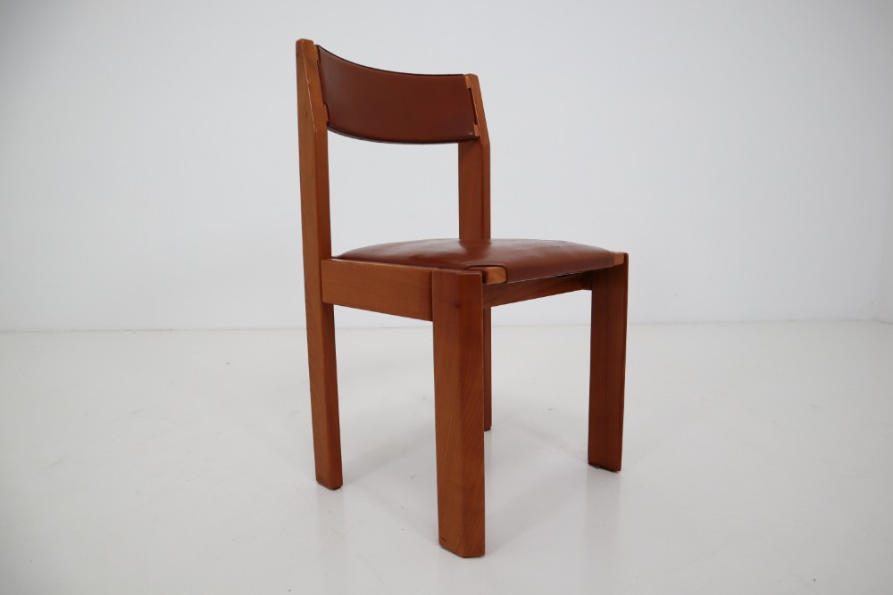 Set of Four Elm Wood and Leather Dining Chairs in the Style of Pierre Chapo