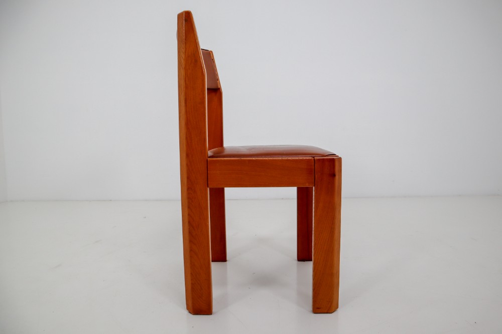 Set of Four Elm Wood and Leather Dining Chairs in the Style of Pierre Chapo