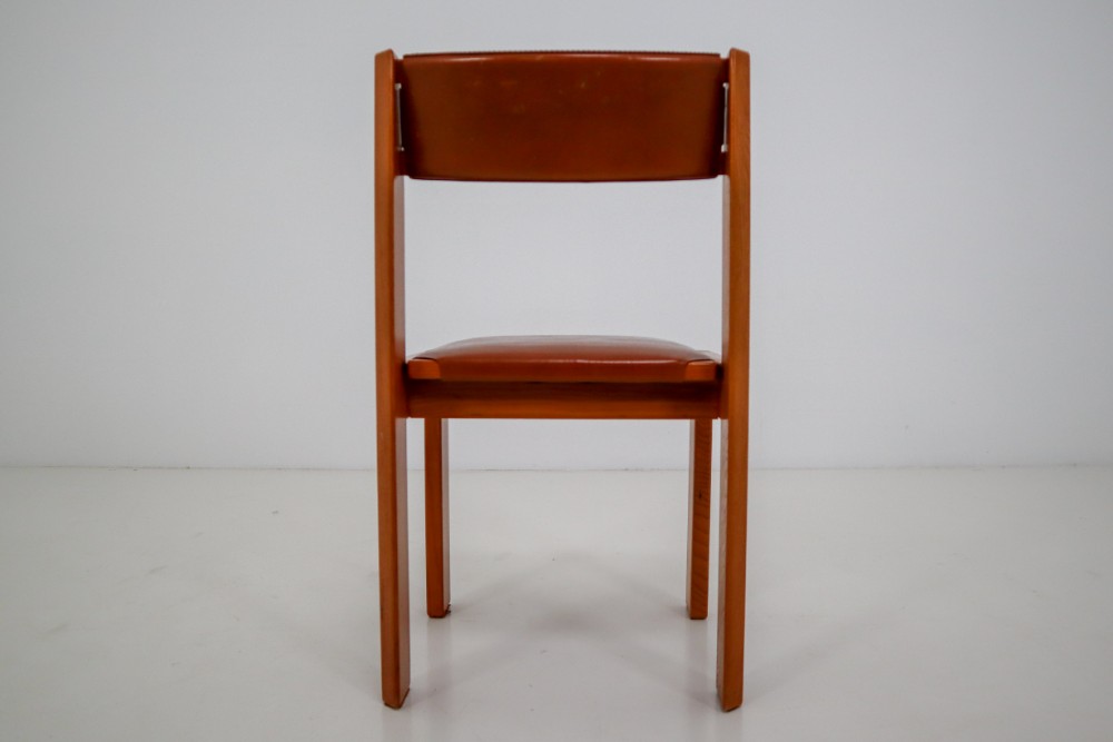 Set of Four Elm Wood and Leather Dining Chairs in the Style of Pierre Chapo