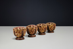 Set of Four Italian Art Deco Walnut and Velvet Poufs, Naples, 1930s Early-20th century
