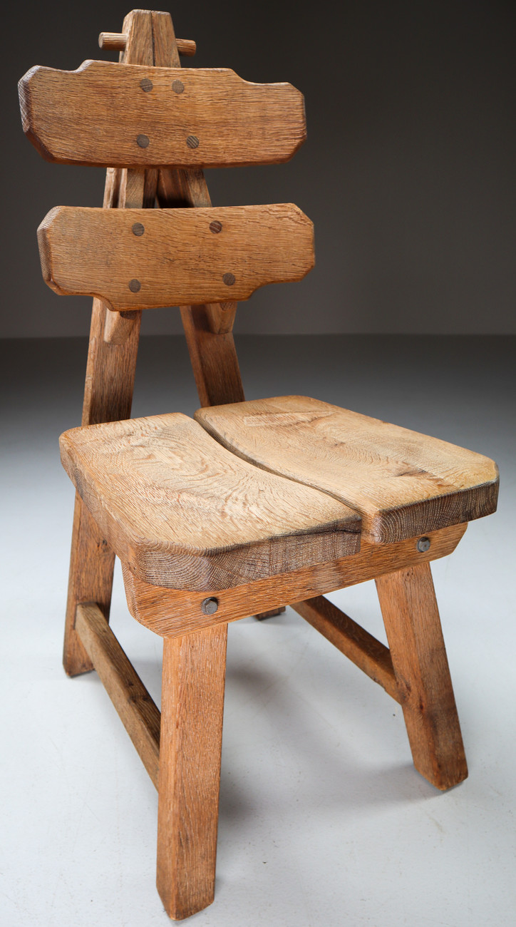Set of Four Mid-century brutalist Chairs in solid oak , France, C. 1960 Mid-20th century