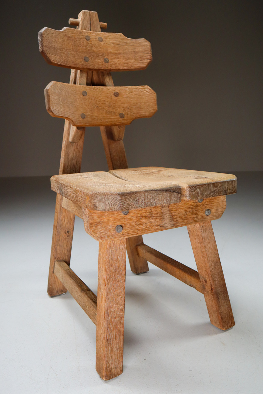 Set of Four Mid-century brutalist Chairs in solid oak , France, C. 1960 Mid-20th century