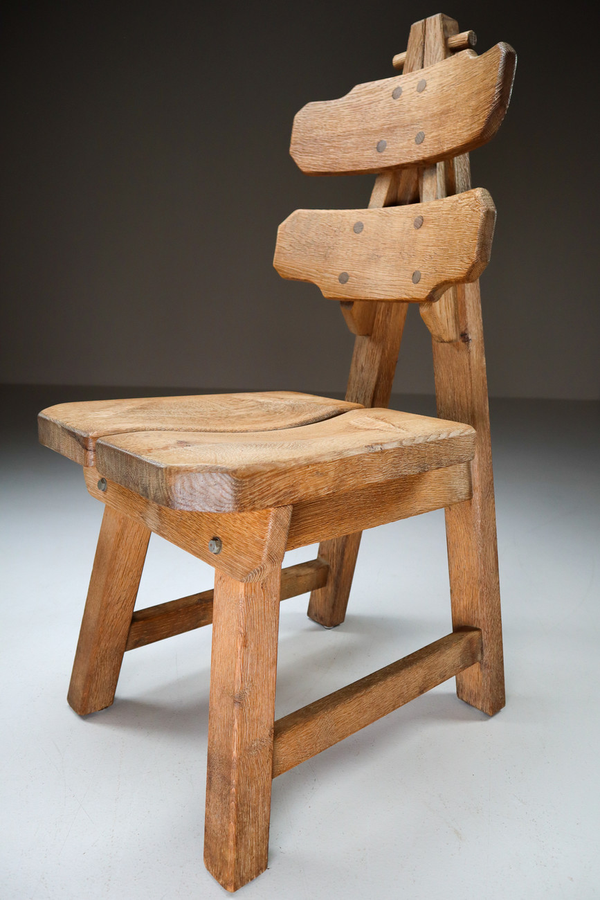 Set of Four Mid-century brutalist Chairs in solid oak , France, C. 1960 Mid-20th century