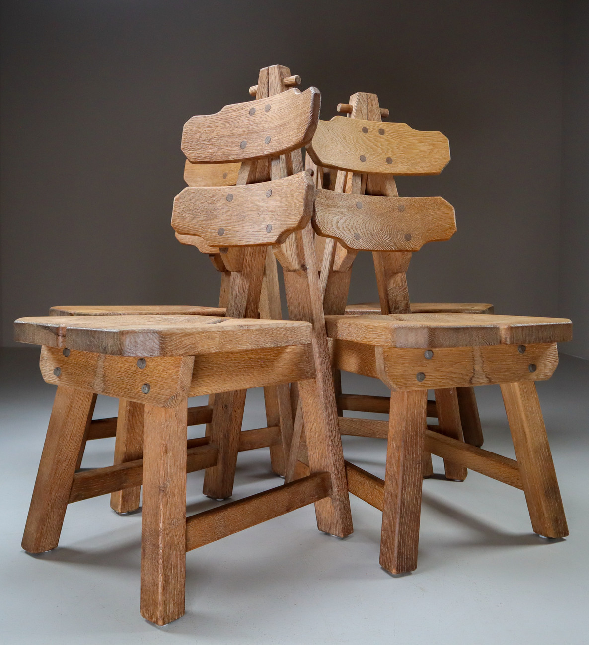 Set of Four Mid-century brutalist Chairs in solid oak , France, C. 1960 Mid-20th century