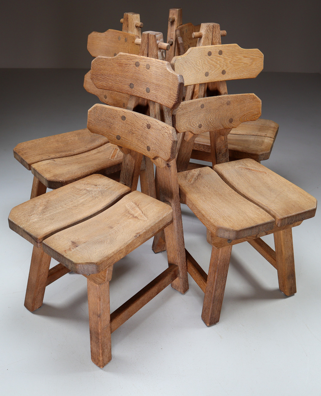 Set of Four Mid-century brutalist Chairs in solid oak , France, C. 1960 Mid-20th century