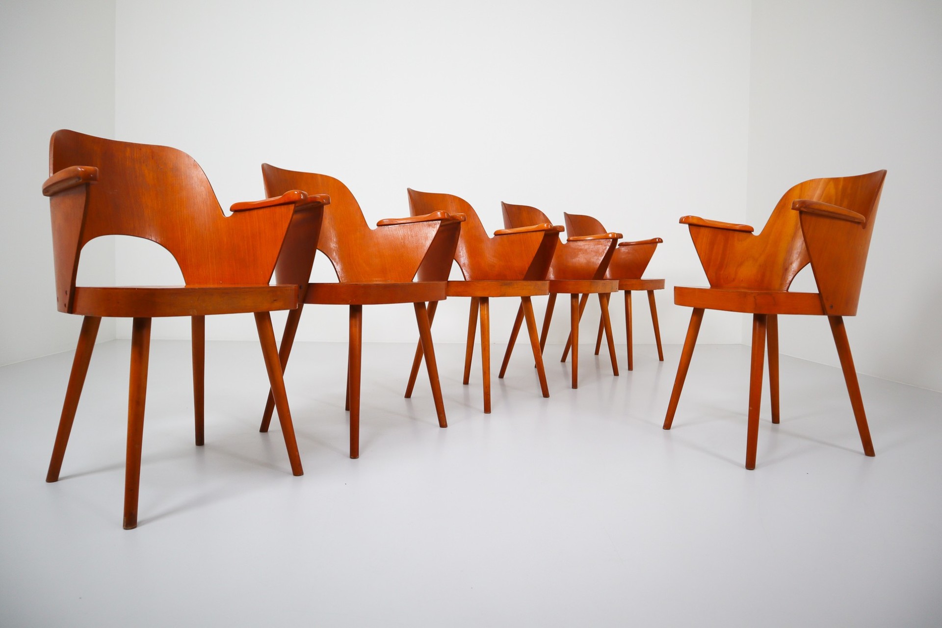 Set of Six armchairs designed by Austrian architect Oswald Haerdtl manufactured by Ton ( Thonet ) 