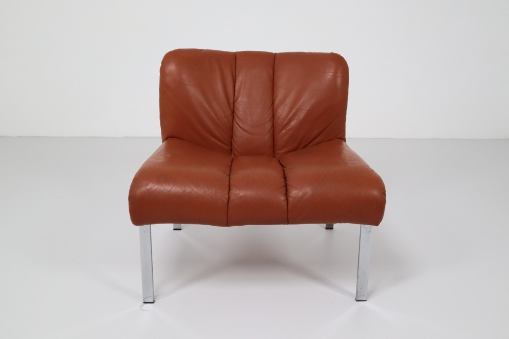 Set of Three Chairs, Sofa in Cognac Leather by Girsberger, Switzerland, 1970s