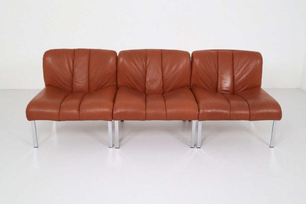 Set of Three Chairs, Sofa in Cognac Leather by Girsberger, Switzerland, 1970s