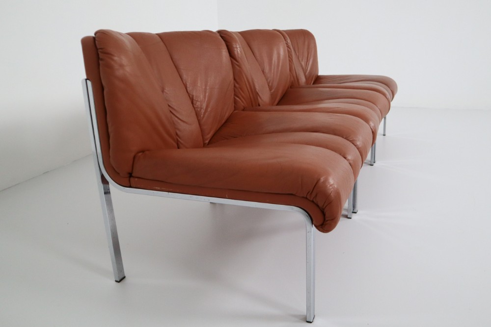 Set of Three Chairs, Sofa in Cognac Leather by Girsberger, Switzerland, 1970s