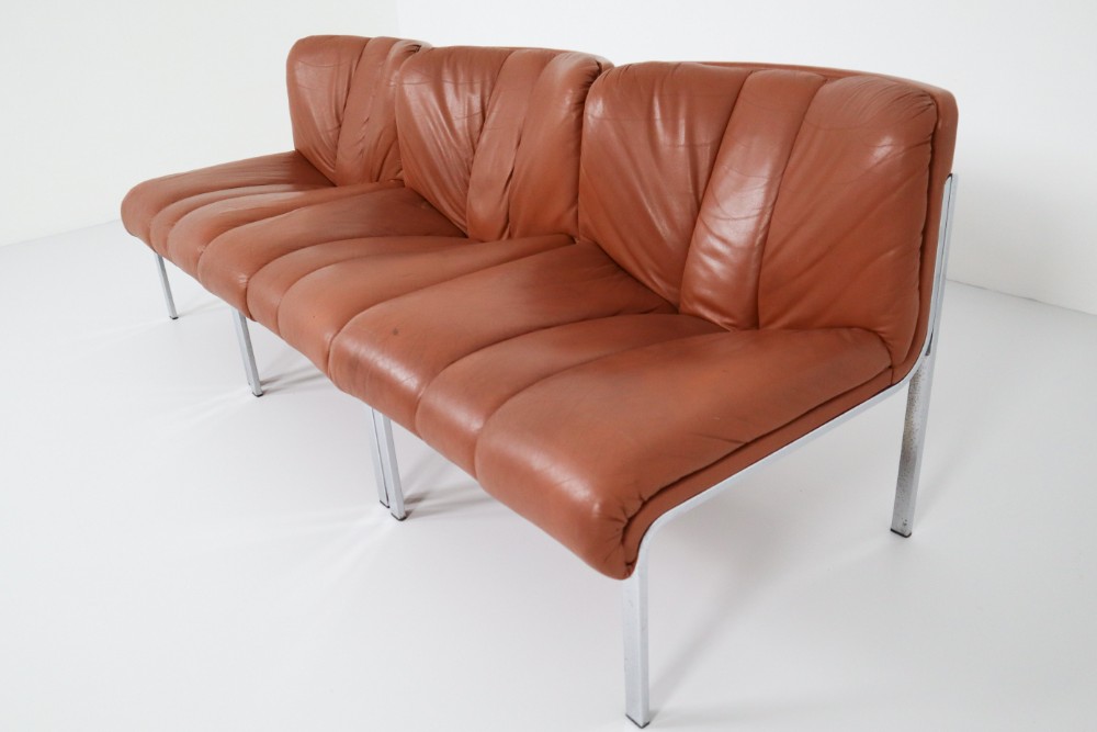 Set of Three Chairs, Sofa in Cognac Leather by Girsberger, Switzerland, 1970s
