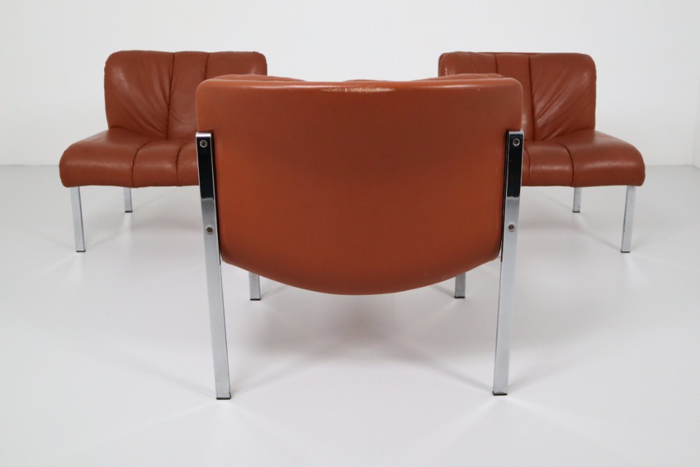 Set of Three Chairs, Sofa in Cognac Leather by Girsberger, Switzerland, 1970s