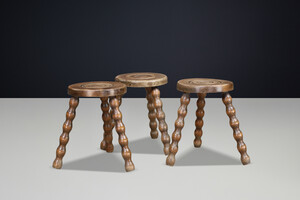 Set of Three French Turned Oak Primitive Stools, France, 1950s Mid-20th century