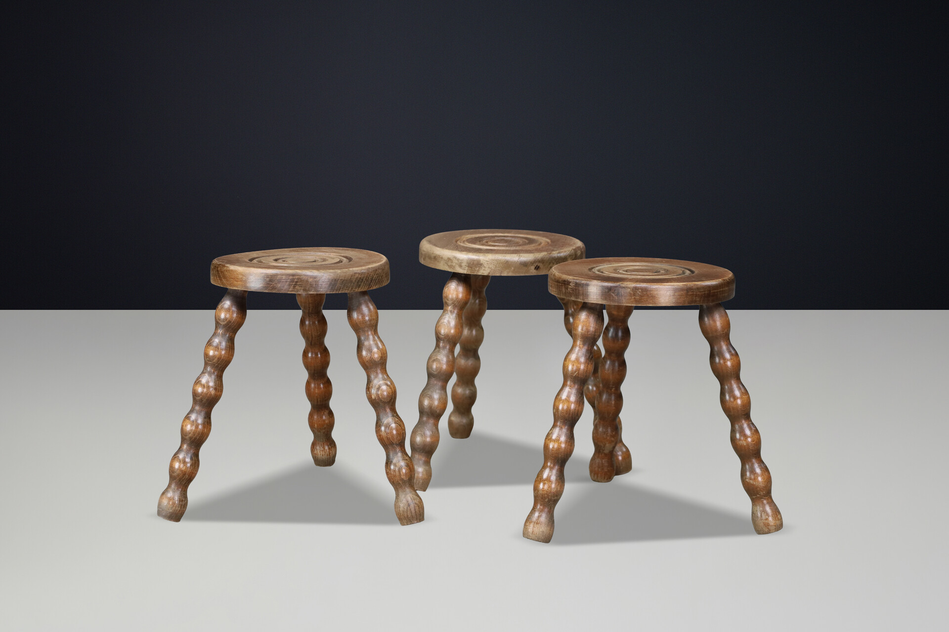 Set of Three French Turned Oak Primitive Stools, France, 1950s Mid-20th century