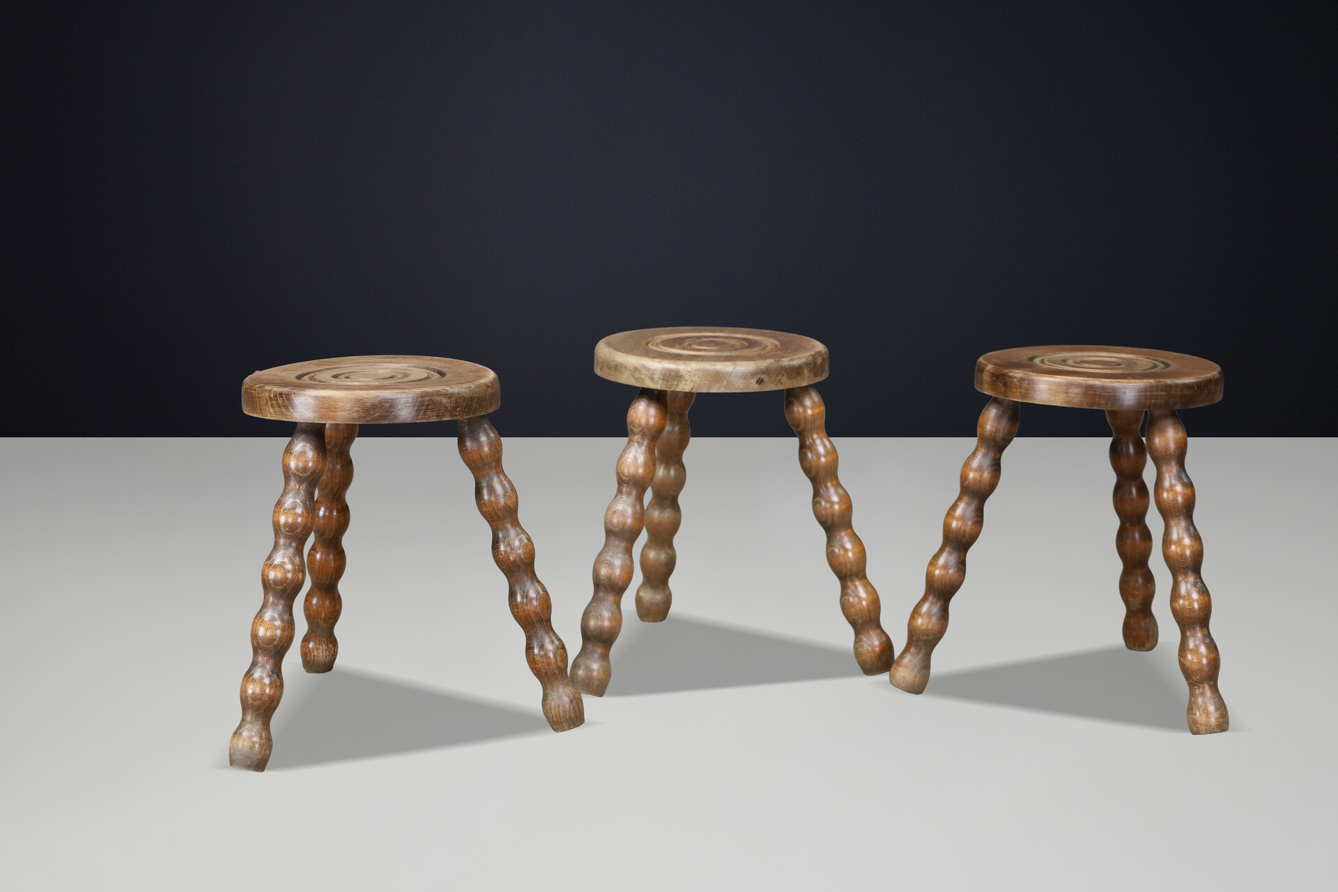 Set of Three French Turned Oak Primitive Stools, France, 1950s Mid-20th century