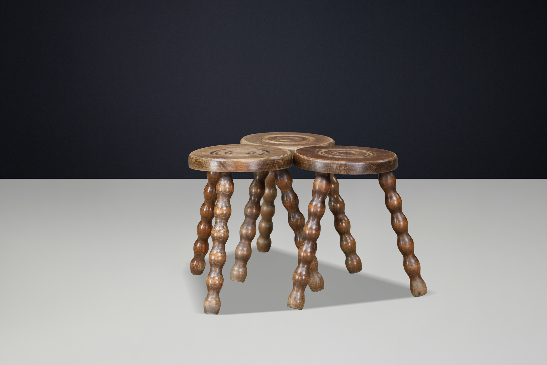 Set of Three French Turned Oak Primitive Stools, France, 1950s Mid-20th century