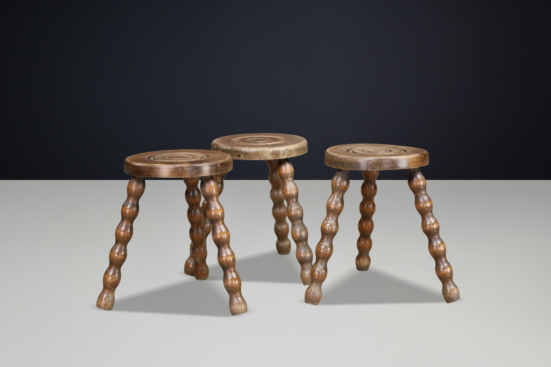 Set of Three French Turned Oak Primitive Stools, France, 1950s Mid-20th century