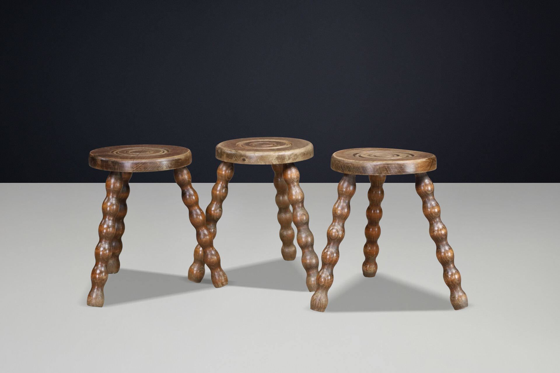 Set of Three French Turned Oak Primitive Stools, France, 1950s Mid-20th century