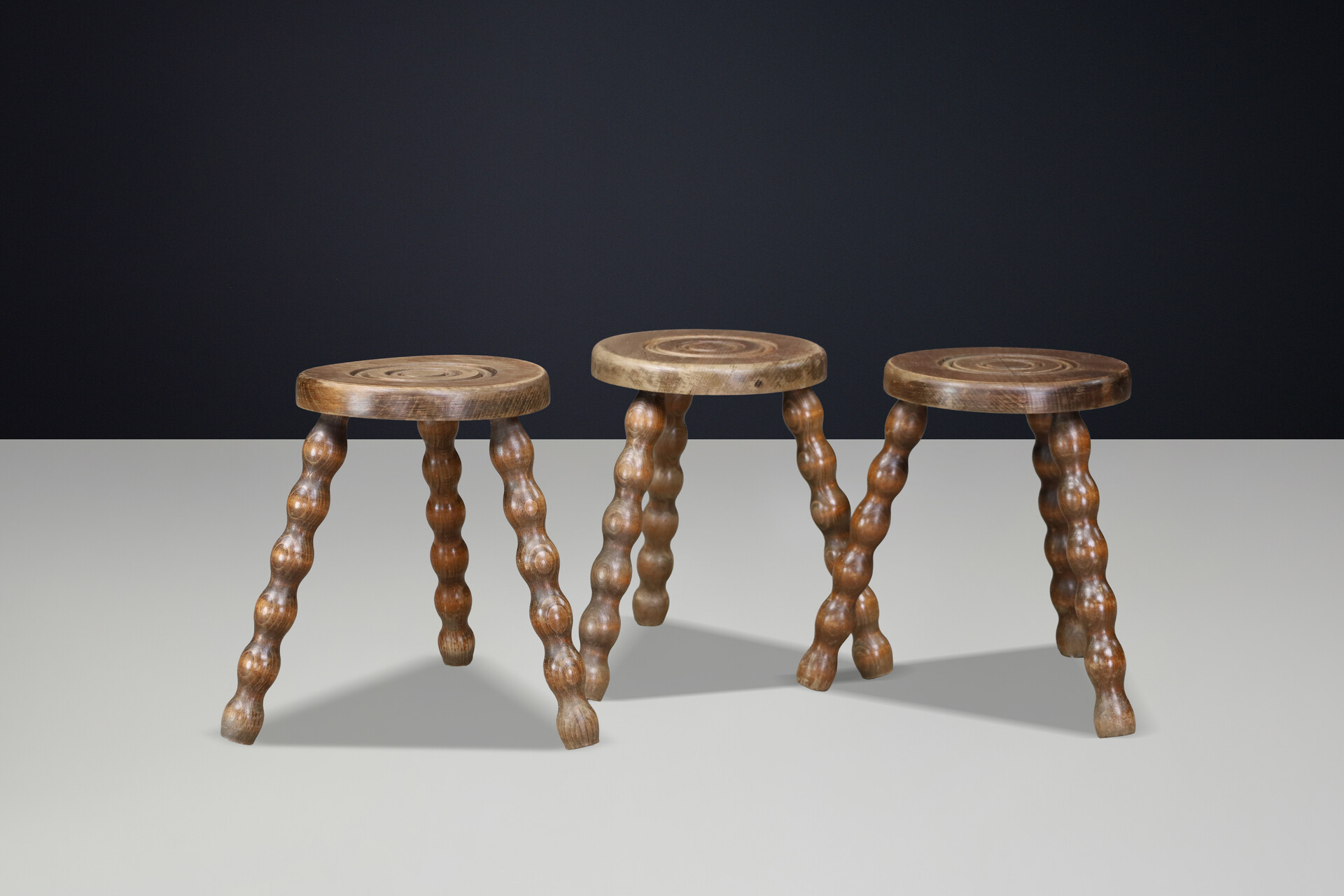 Set of Three French Turned Oak Primitive Stools, France, 1950s Mid-20th century